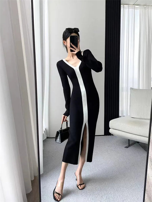 French Women Tight Split Knitted Long Dress Spring Autumn Black White Long Sleeve Midi V Neck Sexy Dresses Elastic