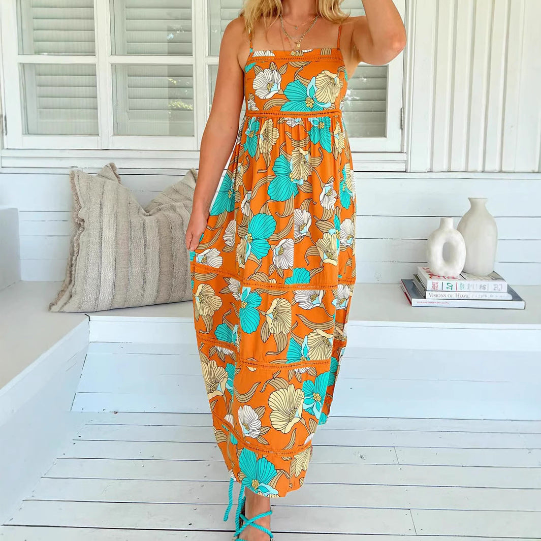 Bohemian Strap Leaf Print Maxi Dress with Crochet Trim in Orange