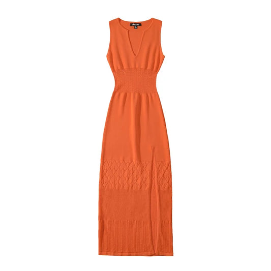 Summer V-neck Sleeveless Hollow Out Knitted Dress Women Split  Stretchable Slim Midi Dresses