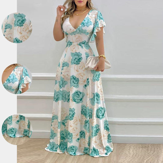 Sexy Ruffle Sleeve Printed Maxi Dress