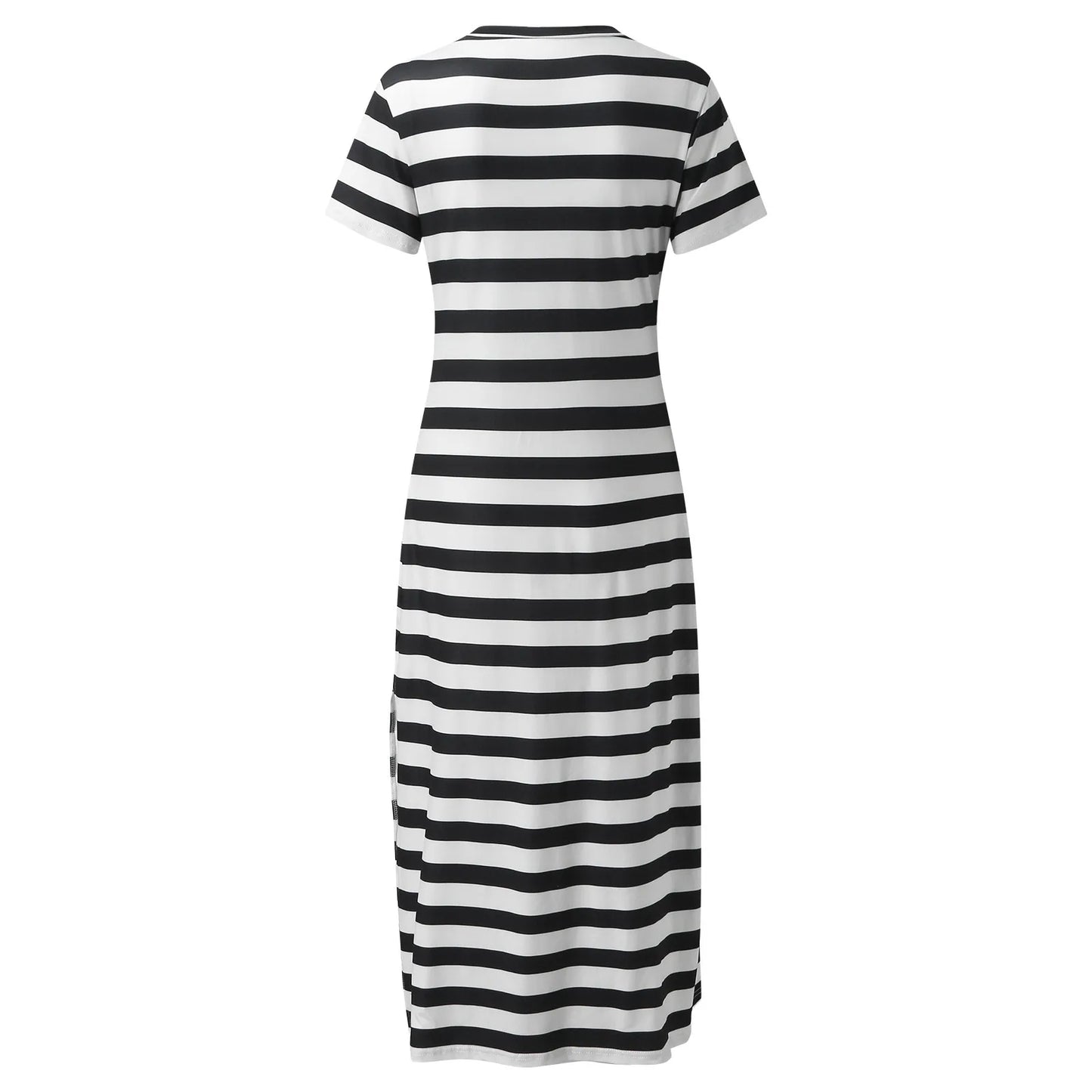 Womens Stripe Print Summer Dress Short Sleeve V Neck Casual Loose Long Dresses Bohemian Beach Split Maxi Vestidos Robes Longues