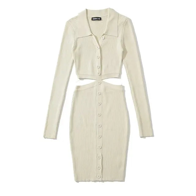 Women Hollow Waist Mini Dress Long Sleeve Turn-down Collar Buttons Knits Elastic Slim Dresses