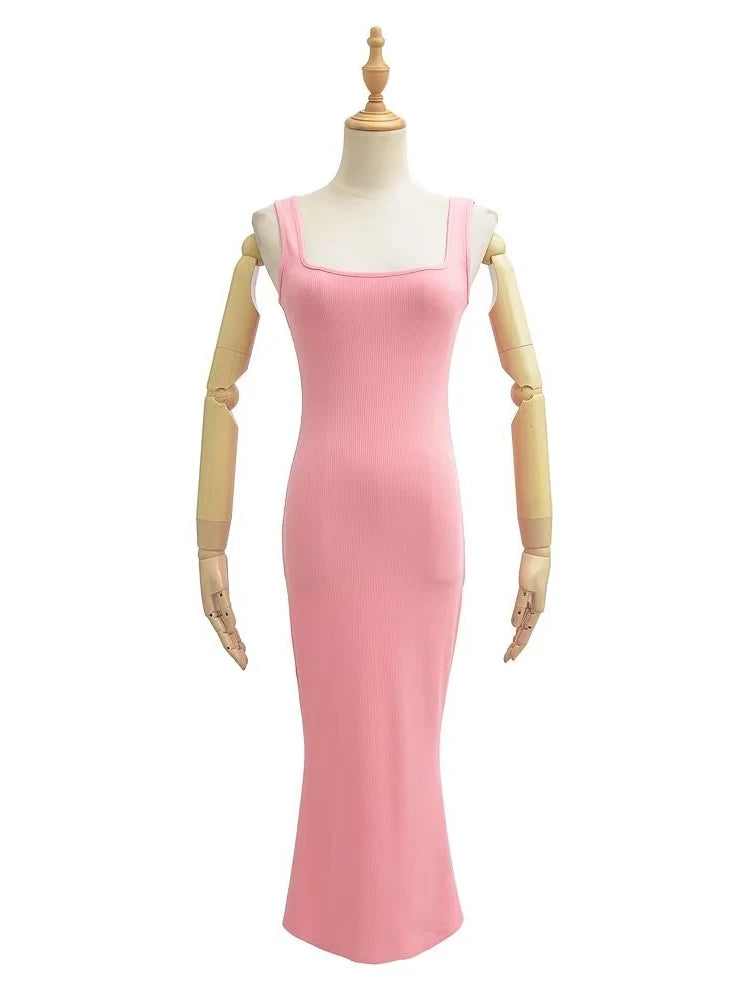 Summer  Midi Mermaid Dress Women Sleeveless Square Collar Stretchable Slim Dresses