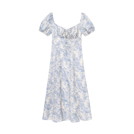 Floral Print Belted Split Square Neck Short Sleeve Maxi Dress