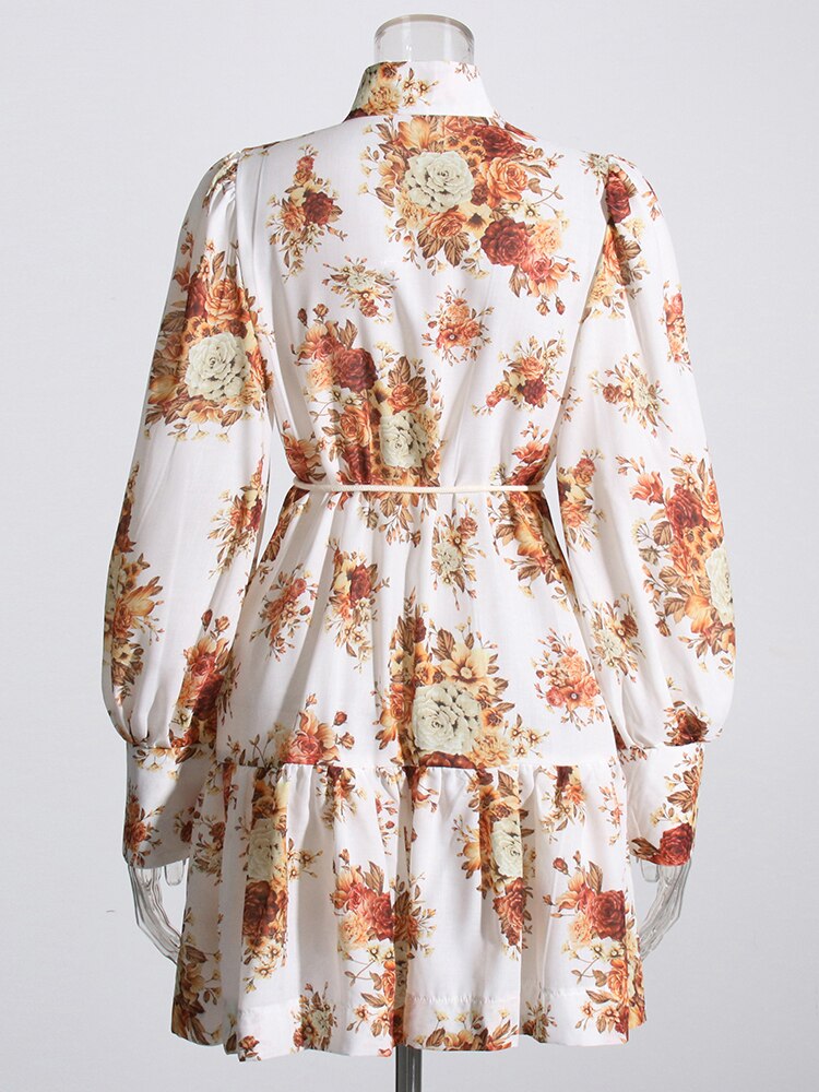 Autumn Mini Dress For Women Stand Collar Lantern Sleeve High Waist Print Floral Colorblock Dresses Female Clothing