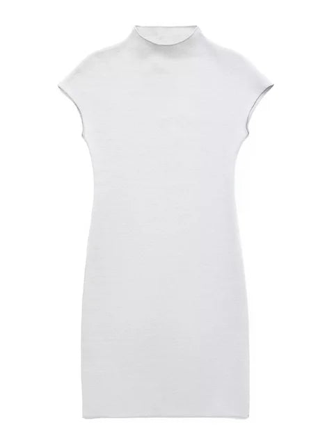 Women Fashion Stretch Knit Mini Dress Vintage High Neck Sleeveless Female Dresses Vestidos Mujer