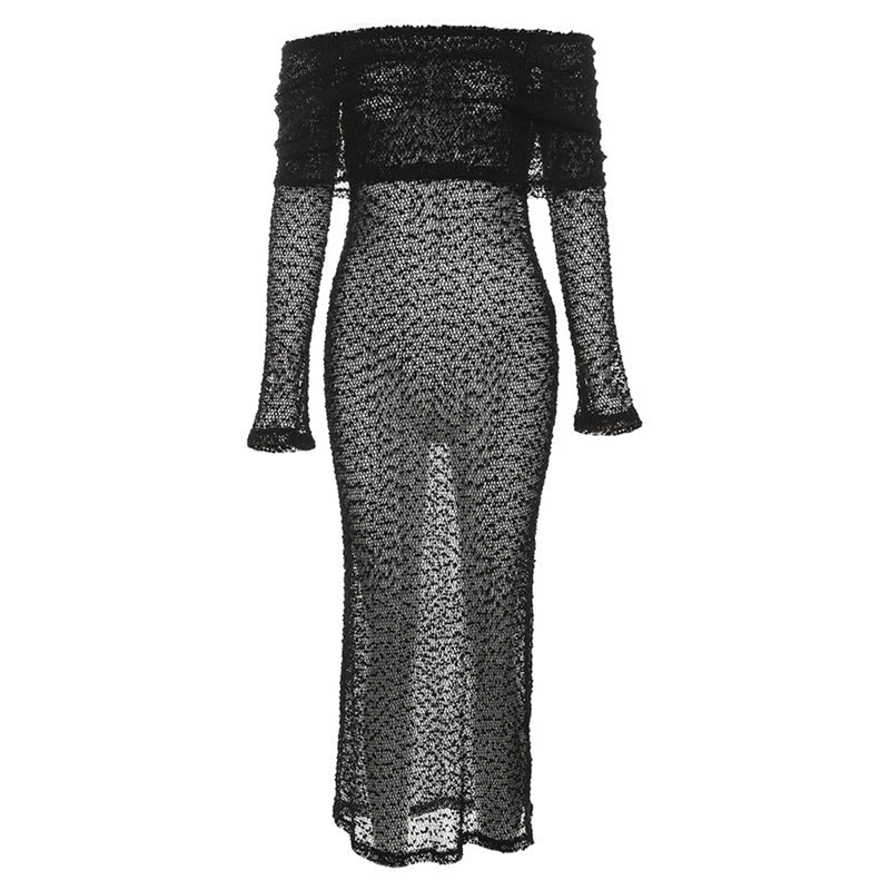 Women See Though Knit Ribbed Butterfly Long Sleeve Off Shoulder Bodycon Midi Maxi DressVestidos Sexy Party Dresses