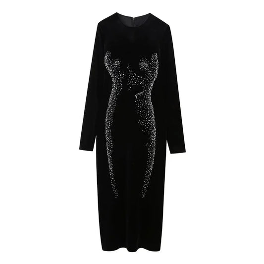 Velvet Midi Dress Woman Long Sleeve Rhinestone Long Dresses For Women Winter Elegant Dresses Female Party Dress