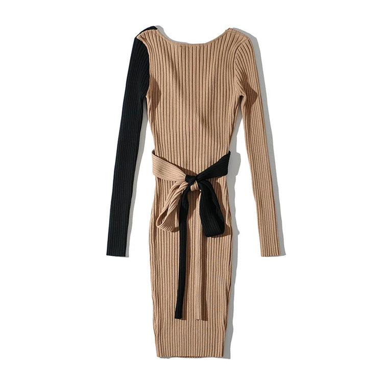 Women Khaki Patchwork Black Dress  Long Sleeve Knitted Elastic V-neck Mini Dresses Slim Dress