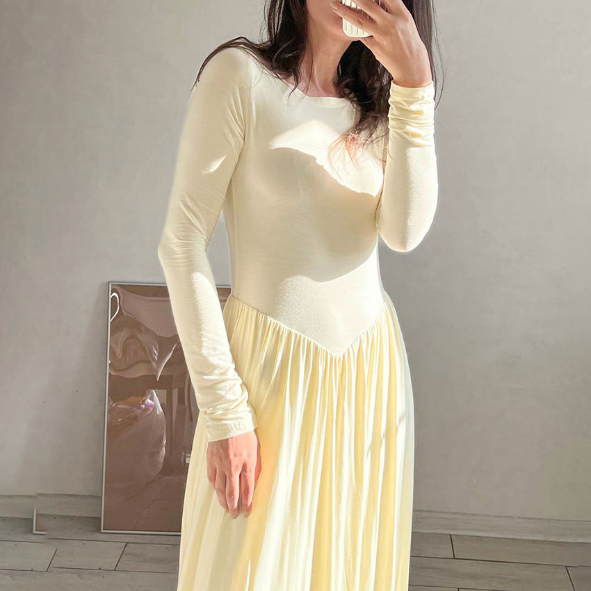 Round Neck Fitted Long Sleeve Maxi Dress with Design Sense