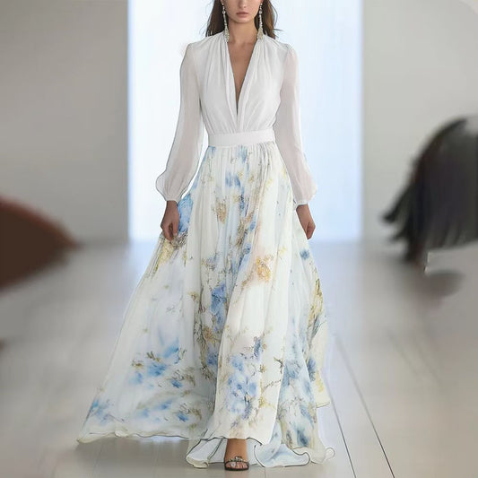 Digital Print Long Sleeve V-Neck Patchwork Maxi Dress