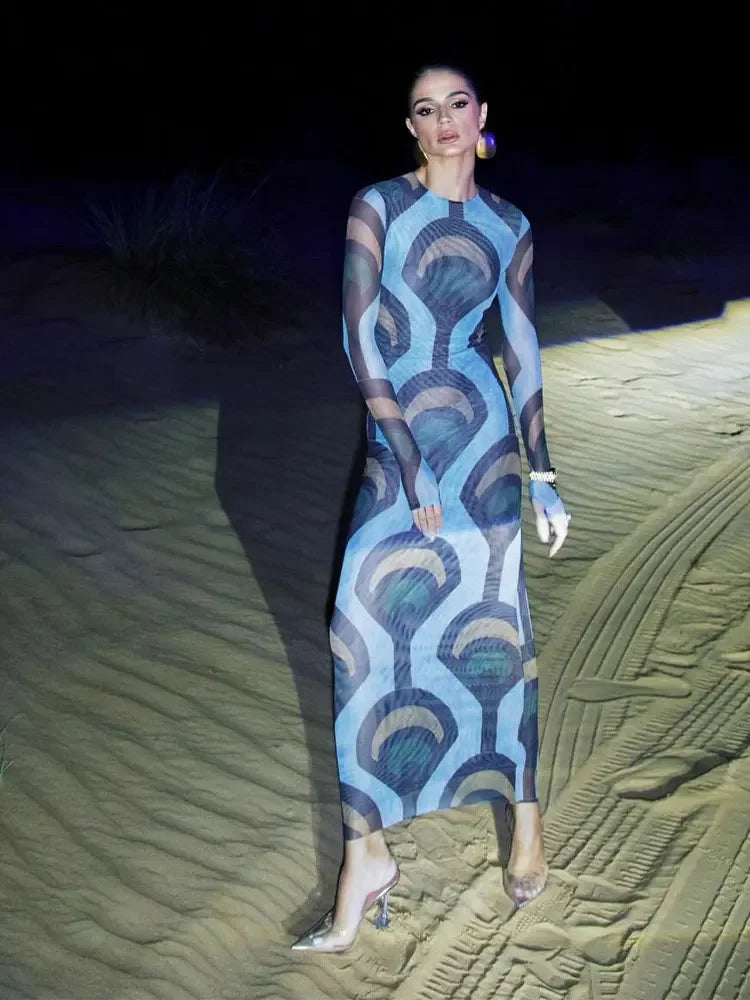 Women's Fashion Color Match Print Long Sleeve Dress Lady Elegant Round Neck Sheath Maxi Dresses Chic Female Beach Vacation Robes