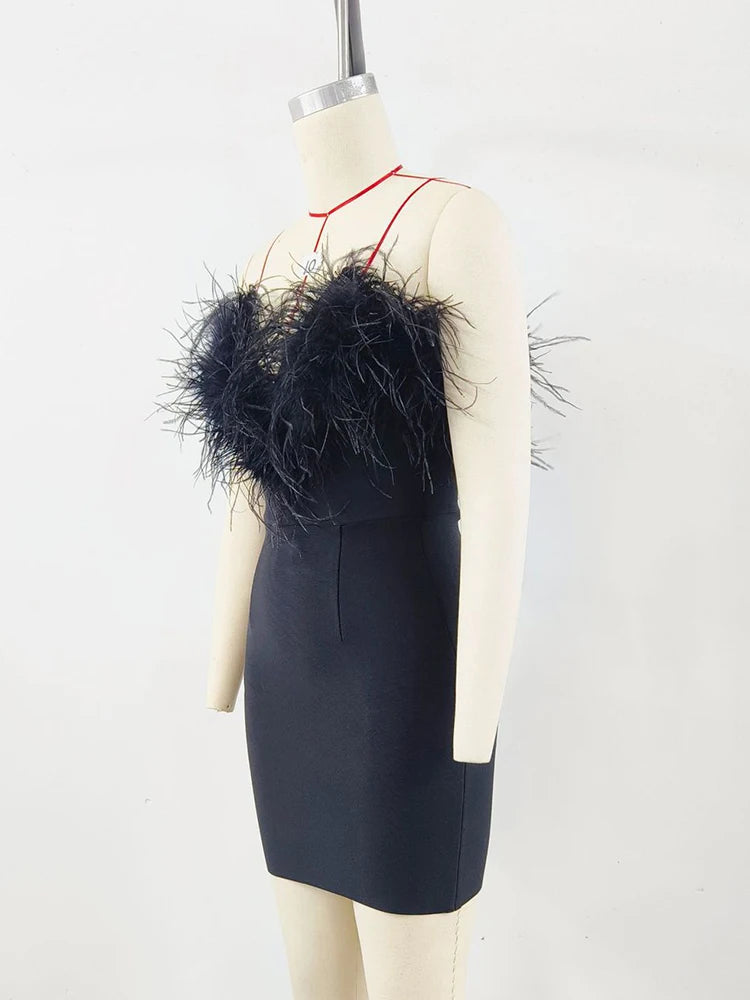 Solid Patchwork Feathers Slimming Mini Dresses For Women Strapless Sleeveless High Waist Bodycon Dress Female New