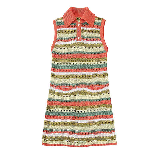 Women Fashion Stripe Knitted Dress Vacation Style Lapel Sleeveless Patch Pocket Front Button Female Mini Dresses