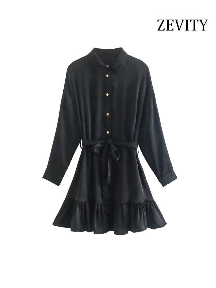 Women Fashion With Belt Ruffled Satin Mini Shirt Dress Vintage Long Sleeve Front Gold Button Female Dresses