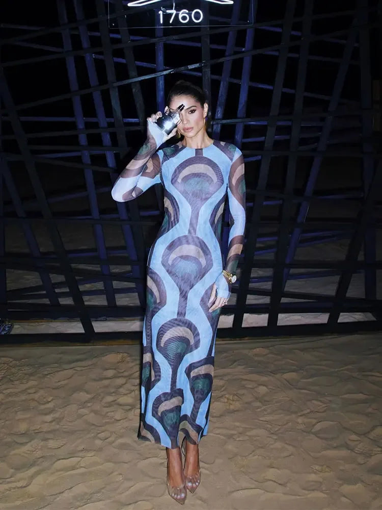 Women's Fashion Color Match Print Long Sleeve Dress Lady Elegant Round Neck Sheath Maxi Dresses Chic Female Beach Vacation Robes