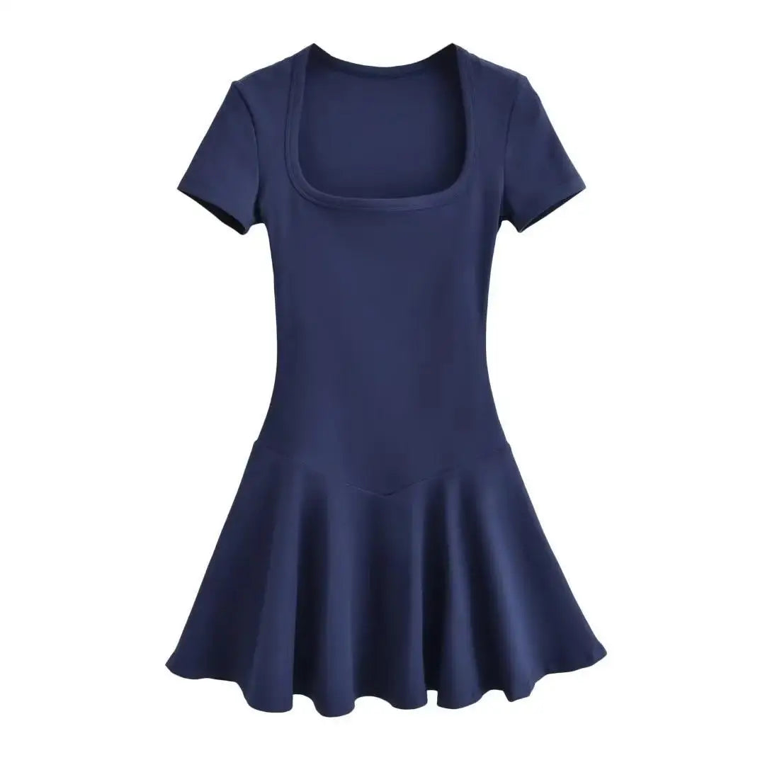 Summer Short Sleeve Square Collar Sports Dress With Shorts Women 4 Colors A-line Mini Dresses