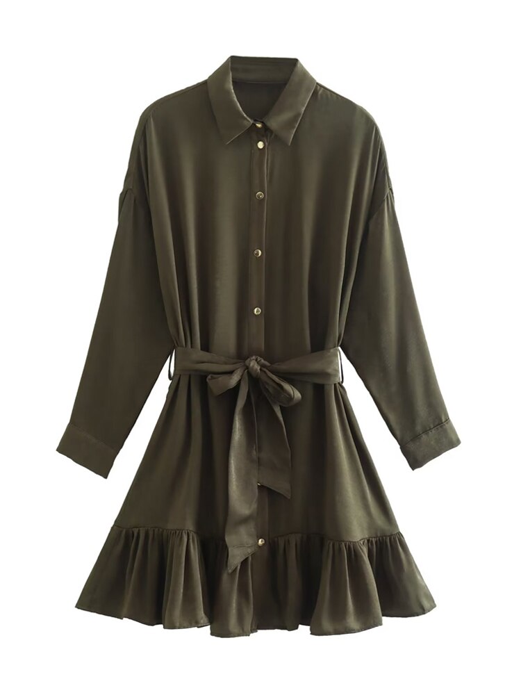 Women Fashion With Belt Ruffled Satin Mini Shirt Dress Vintage Long Sleeve Front Gold Button Female Dresses