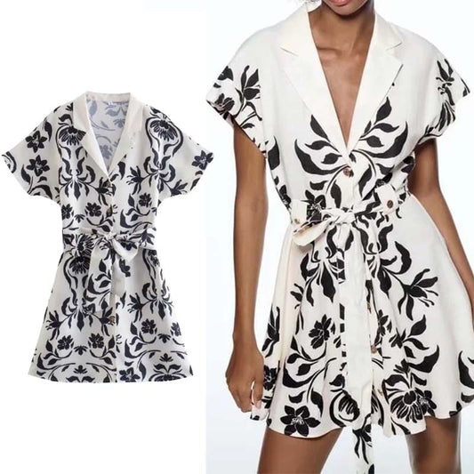 Women Printed Dresses With Bow Belt Summer Flax Elegant Party Short Sleeve Female Causal Mini Dresses